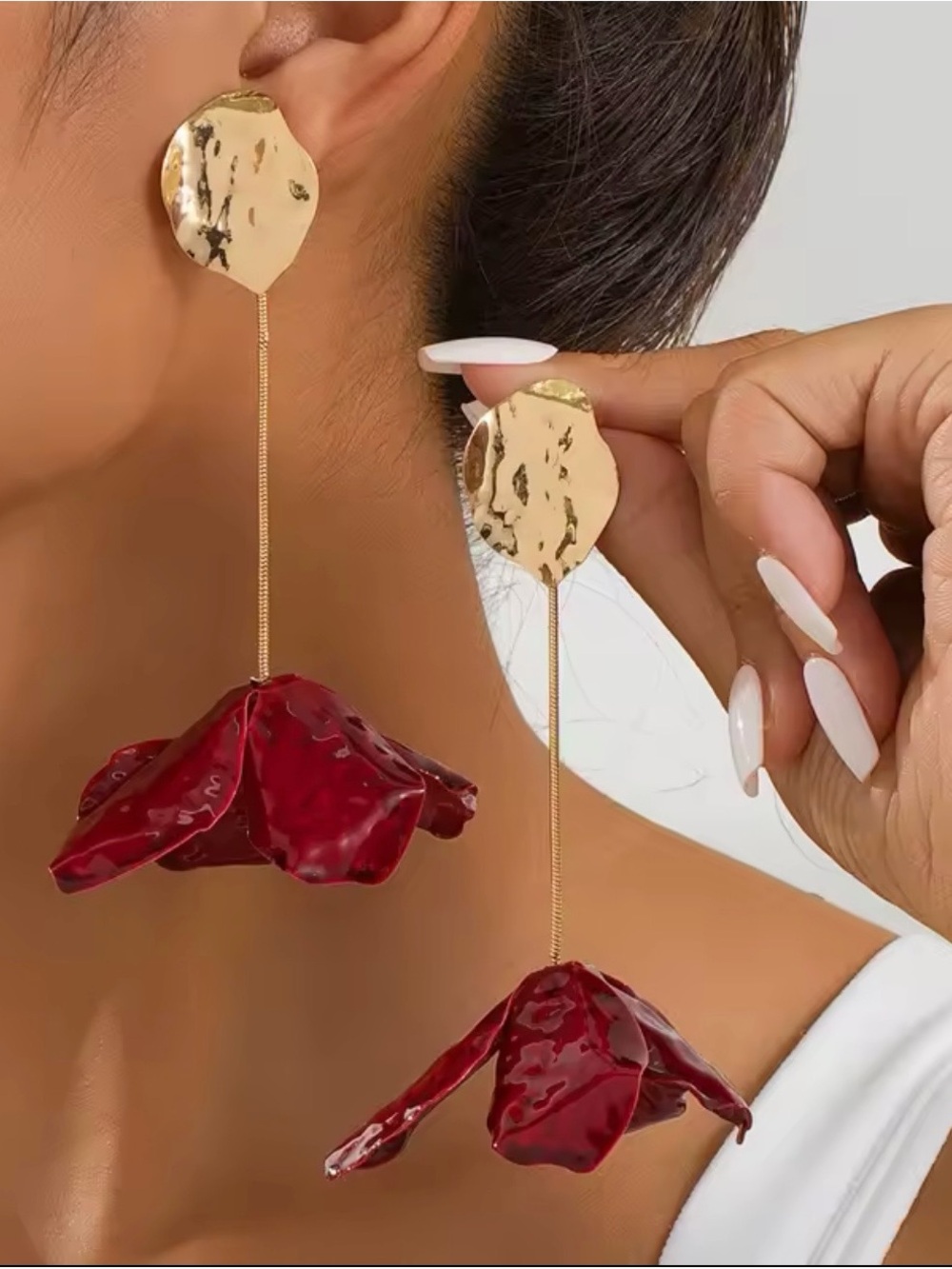 Gold & Burgundy Drop Earrings Red Flower Petal Long Dangle Chic Trendy Jewelry